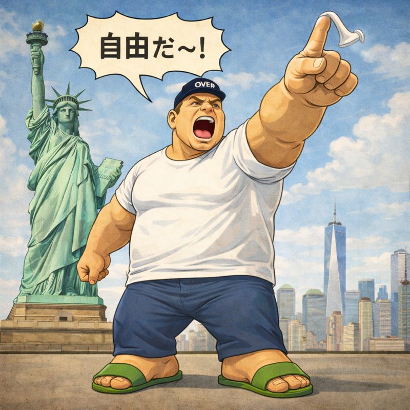 ニューヨークの自由の女神を背景に、体格の大きな男性が人差し指を天に突き上げて「自由だ~!」と叫んでいるイラスト。男性は頭に小さな野球帽をちょこんと乗せ、足元にはかかとが完全にはみ出した緑色の小さなスリッパを履いている。突き上げた指には、人差し指だけに引っかかった小さな手袋がぶら下がっており、体の大きさと持ち物のサイズの違いがコミカルに表現されている。