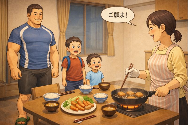 家庭のダイニングで、エプロン姿のお母さんがフライパンでコロッケを揚げながら「ご飯よ！」と声をかけている。テーブルの上にはサラダ、エビフライ、コロッケ、ご飯、お味噌汁、箸が4人分並んでいる。近くには体格の大きなお父さんと、小学3年生と小学1年生の男の子が立ったまま集まってきており、家族団らんの温かい夕食前のひとときが描かれている。