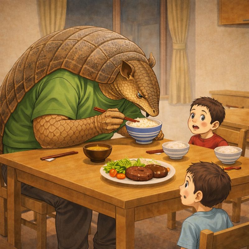 ダイニングテーブルで食事をする、体の大きなアルマジロのお父さんが背中を大きく丸め、前のめりになってご飯を食べているイラスト。お父さんは緑色の服を着て箸でご飯を食べており、向かい側にはダイニングチェアに座った小学1年生と小学3年生の男の子が二人、驚いた表情でその様子を見つめている。テーブルの上にはご飯、味噌汁、サラダ、ハンバーグが並び、家庭の食卓の温かい雰囲気が描かれている。