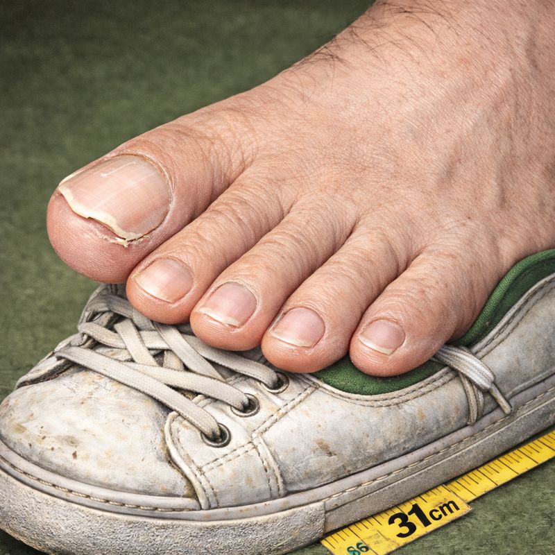 リアル31cmの足が小さなスニーカーからはみ出し、5本すべての指が見えている様子。特に小指の爪が他の指と比べて大きく、存在感が強調されているクローズアップ画像。