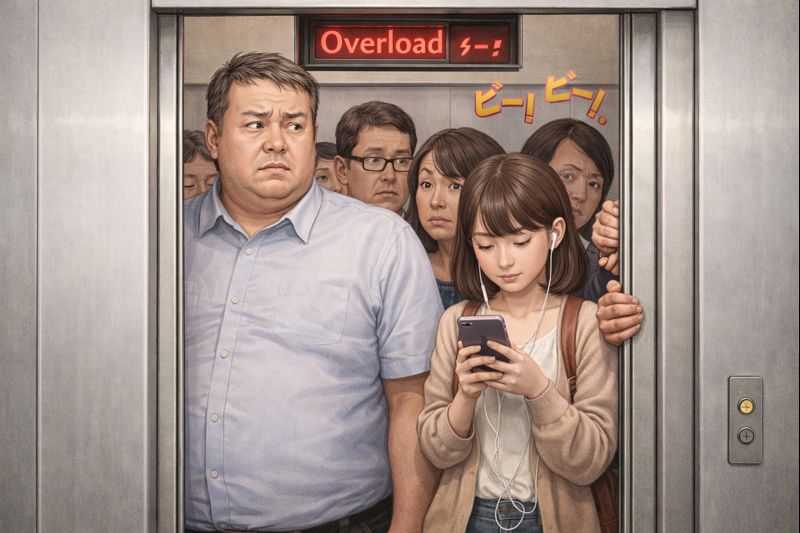 満員のエレベーターの中で、体の大きな男性が中央に立ち、定員オーバーの警告音が鳴っている。若くて小柄な女性はイヤホンで音楽を聴きながらスマホを見ており、状況に気づいていない様子。周囲の乗客たちは困惑した表情で、ドアが閉まらず立ち往生している場面。