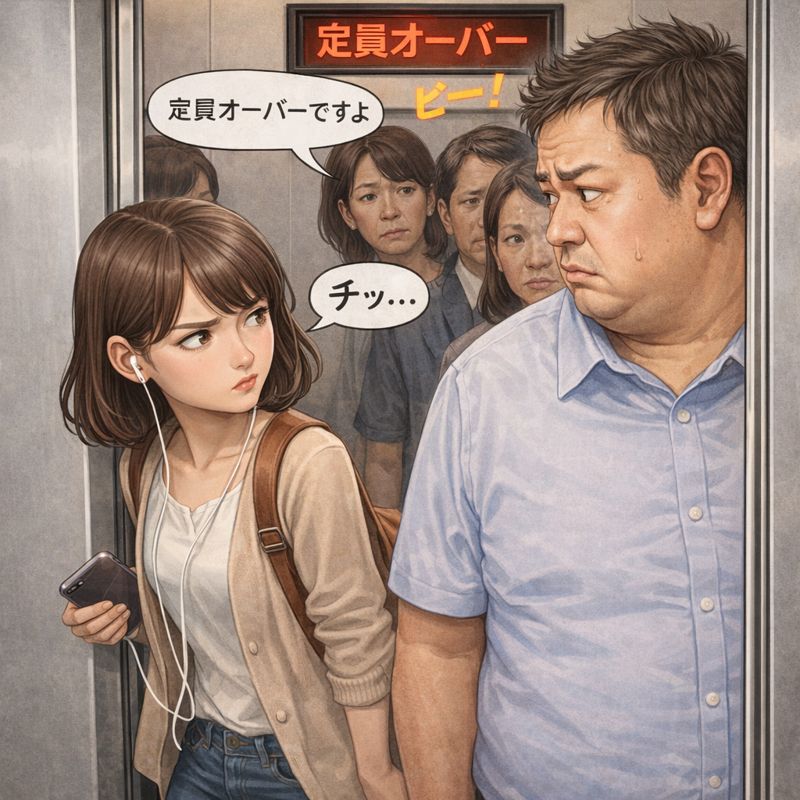 満員のエレベーター内で「定員オーバー」と表示され、困惑した表情の体の大きな男性と、イヤホンをした若い女性が向かい合っている。女性は小さく舌打ちしながらエレベーターを降りようとしており、後方には心配そうな表情の乗客たちが並んでいる。