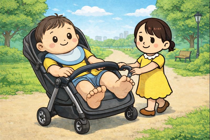 公園の小道で、チーちゃんがベビーカーを押して歩いている。ベビーカーには平均より大きめの赤ちゃんが乗っていて、にこにこ笑顔で足を伸ばしている。チーちゃんはやさしい表情で見守りながら歩いており、背景には緑の木々とベンチが広がる、穏やかな日常のワンシーン。