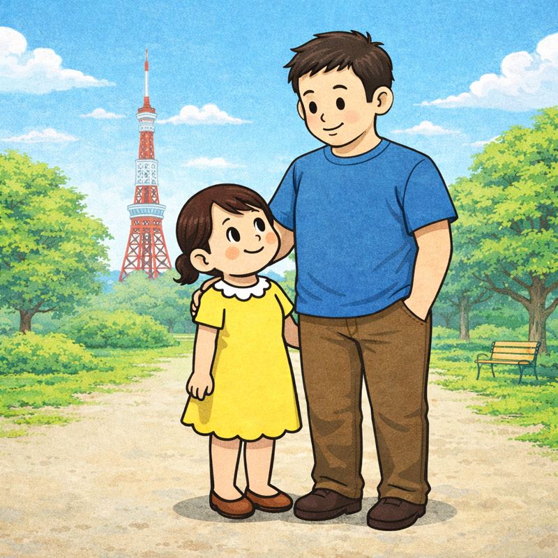 東京タワーが見える公園で、身長差のある夫婦が並んで立っている。小柄なチーちゃんは黄色いワンピース姿で、隣には背の高い夫がやさしく寄り添っている。ふたりは穏やかな表情で、穏やかな時間を過ごしている様子が描かれている。