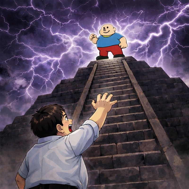 嵐が光る夜空の下、巨大な石の階段を見上げながら、手を伸ばす男性。階段の頂上には堂々と立つ「おもリッチ」がいて、圧倒的な存在感を放っている。下から見上げる構図で、距離と覚悟の差が強調された幻想的なシーン。