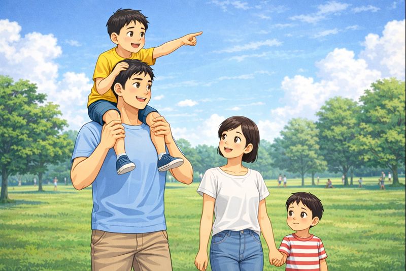晴れた日曜日の公園で、身長192cmの細マッチョなお父さんが、6歳の息子を肩車して歩いている。息子は楽しそうに遠くを指さし、お父さんは優しい表情でそれを見つめている。そばには身長148cmの小柄なお母さんと、4歳の弟が並んで歩き、家族で穏やかな時間を過ごしている様子が描かれている。