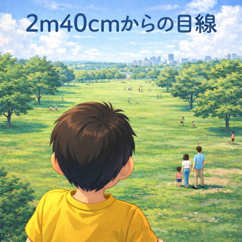 お父さんの肩の上から見た公園の景色。広がる芝生と遠くの街並みを見渡しながら、子どもが少し高い視点で世界を眺めている。足元には家族の後ろ姿があり、穏やかな休日の空気が広がっている。