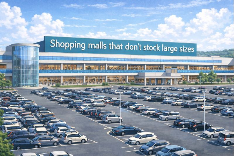 広大な駐車場を備えた大型ショッピングモールの外観。三階建ての建物には「Shopping malls that don't stock large sizes」という大きな看板が掲げられ、数えきれないほどの車が並んでいる。規模は圧倒的に大きいのに、大きいサイズの人には優しくない現実を象徴する風景。