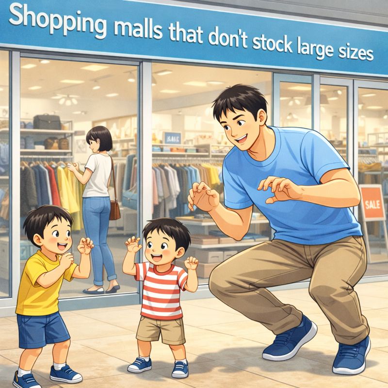 大型ショッピングモールの前で、身長192cmの父親が5歳と3歳の息子と遊んでいる。店内では母親が買い物をしているが、店の看板には「Shopping malls that don't stock large sizes」と書かれており、父親は自分のサイズの服がないため外で子どもたちと過ごしている。笑顔の子どもたちとは対照的に、父親は少し切なさをにじませながらも優しく寄り添っている。