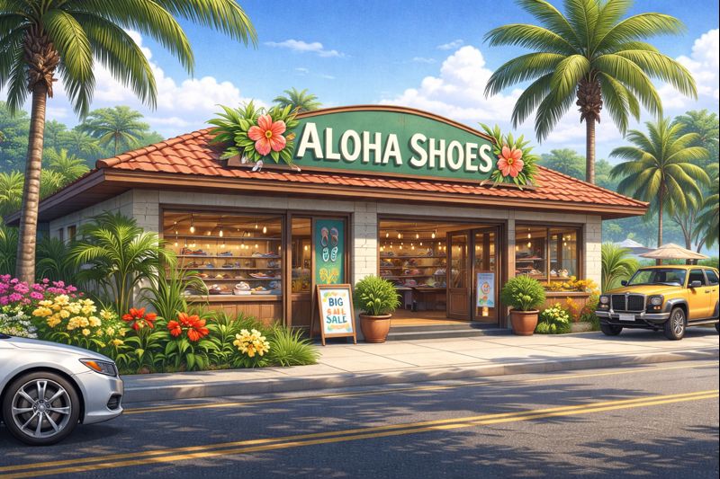 南国の陽射しが降り注ぐハワイの街並みに建つ、明るく開放的な靴屋「ALOHA SHOES」。ヤシの木や色鮮やかな花に囲まれた店舗の前には広い駐車スペースがあり、店内にはたくさんの靴が並んでいる。リゾート感あふれる雰囲気の中で、思わず立ち寄りたくなる外観が描かれている。