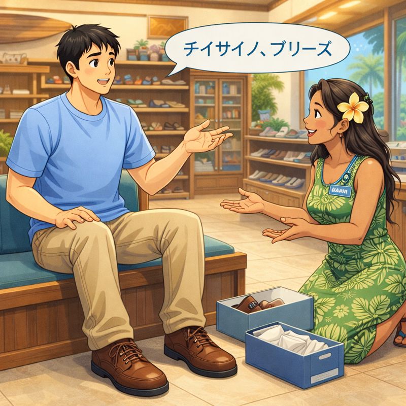 ハワイの靴屋さんの店内で、身長192cmの日本人男性が椅子に座り、大きすぎる靴を履きながら困ったように微笑んでいる。目の前には現地の女性店員がしゃがみ込み、にこやかに対応している。男性は「小さいサイズをお願いします」と身振りで伝えており、店内には南国らしい明るい雰囲気と温かいやり取りが広がっている。