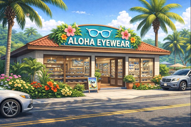 青空の下、ヤシの木に囲まれたハワイ風の眼鏡店「ALOHA EYEWEAR」の外観。色とりどりの花や南国植物に囲まれた店舗には、大きなガラス窓越しにたくさんのメガネやサングラスが並び、開放的で明るい雰囲気が広がっている。道路沿いには車が停まり、南国らしい穏やかな空気が感じられる。