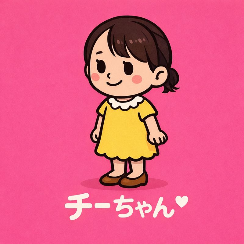 小柄でかわいらしい女の子のキャラクター「チーちゃん」。ピンク色の背景に、黄色いワンピースを着てにっこり立っている。小さな体と優しい表情が特徴のイラスト。