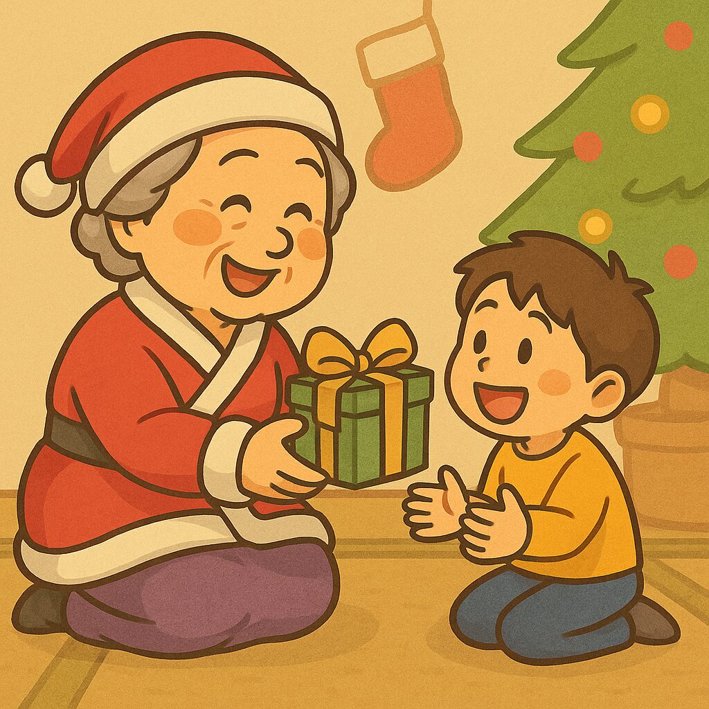 サンタの衣装を着たおばあさんが、笑顔で小さな男の子にクリスマスプレゼントを手渡しているイラスト。男の子は両手を広げ、嬉しそうに受け取ろうとしている。背景にはクリスマスツリーと靴下の飾りがあり、室内が暖かい色調で描かれ、優しい雰囲気に包まれている。
