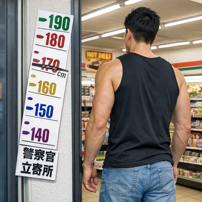 身長192cmの細マッチョな20歳の男性がコンビニに入店している。入口横の防犯用身長ステッカーは190cmまでの目盛りが描かれているが、本来の位置より大きく低い場所に、さらに斜めに貼られており、男性の身長が明らかにステッカーを超えている様子がわかる。