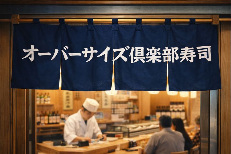 青い暖簾が掛かった寿司屋の入り口。暖簾には「オーバーサイズ俱楽部寿司」と大きく書かれており、店内では白衣姿の職人がカウンターで寿司を握っている。木の温もりが感じられる落ち着いた雰囲気で、入りやすく親しみのある寿司屋の外観が描かれている。