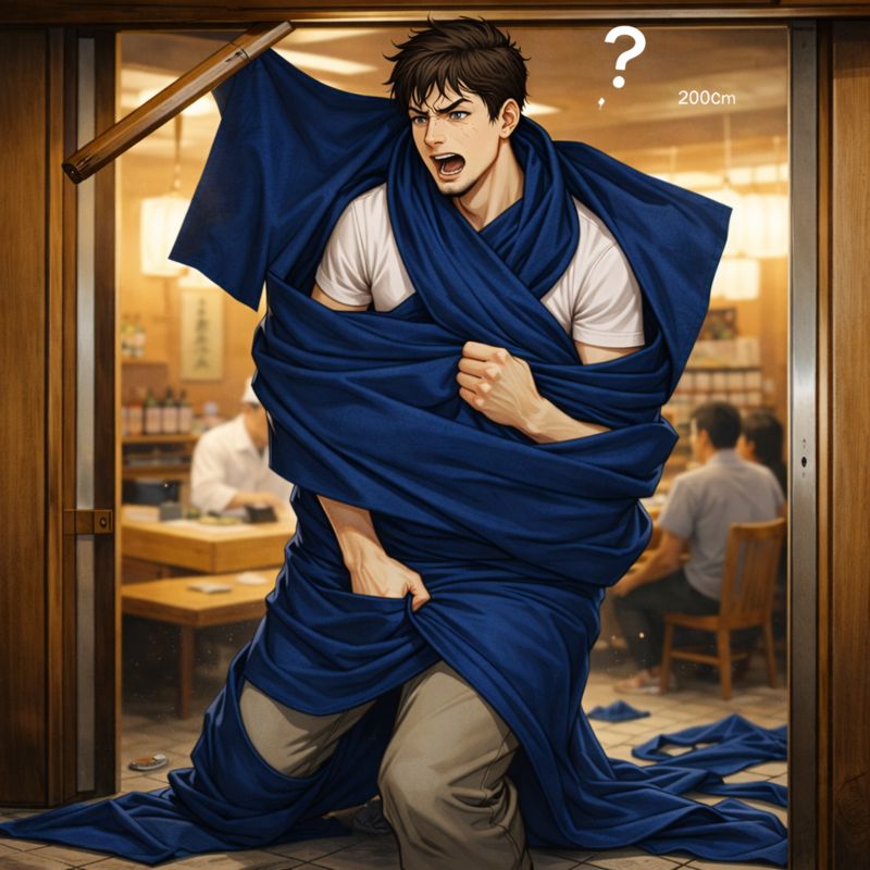 寿司屋の入口で、落ちてきた暖簾が体全体に絡まり、身動きが取れなくなっている背の高い男性。店内の温かい雰囲気とは対照的に、入口で必死にもがく姿がコミカルに描かれている。