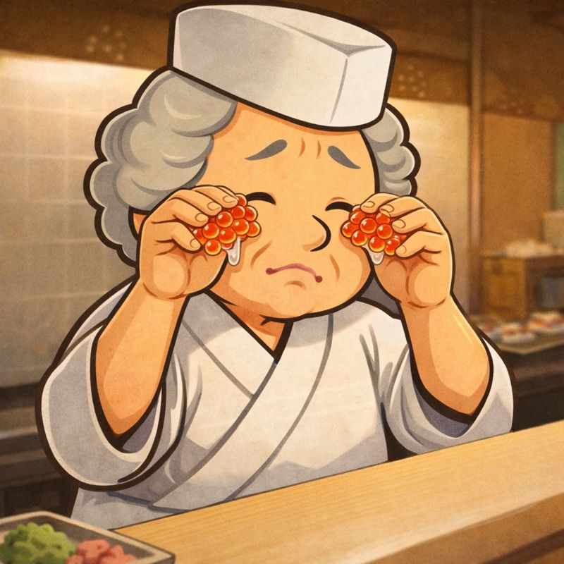 白い作務衣と帽子を身に着けた年配の女性寿司職人が、左右の手にそれぞれ一粒ずつの大粒イクラをつまみ、涙のように目元にそっと当てているイラスト。寿司カウンターの内側で、少し切なそうで優しい表情を浮かべている