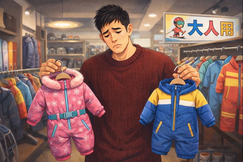 身長192cmの男性がスポーツショップでセーター姿のまま立ち、両手には自分にとって、かなり小さなスキーウエアを持って悲しそうな表情を浮かべている。背後の売り場には「大人用」と書かれた表示があるが、並んでいるのは明らかに小さなウエアばかりという状況が描かれている。