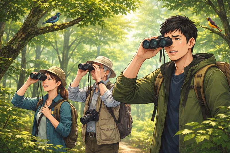 森の中で数名の人が双眼鏡を手にバードウォッチングをしているイラスト。木漏れ日の差す緑豊かな森の中で、参加者たちは静かに鳥を探し、枝の上には色とりどりの小鳥がとまっている様子が描かれている。