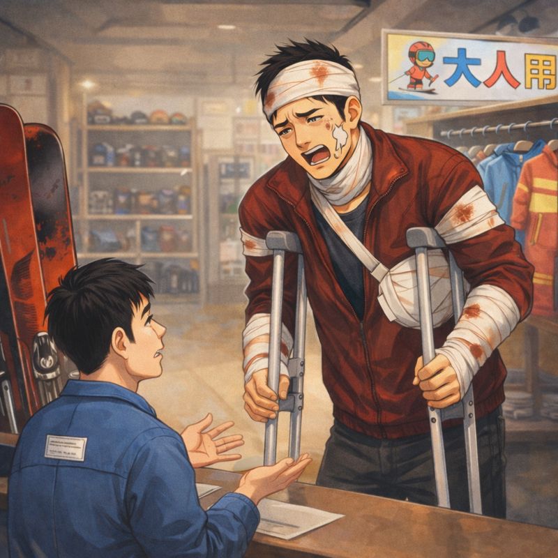 スキーショップの店内で、身長192cmの男性が全身に包帯を巻き、松葉杖をつきながらカウンターに立っている。頭や腕、体のあちこちに怪我の跡があり、苦痛と不満が入り混じった表情で店員に訴えかけている様子が描かれている。背景にはスキー用品やウエアが並んでいる。