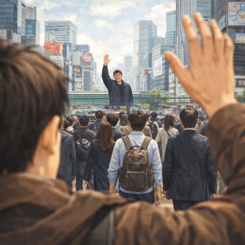 人であふれる都会の交差点で、遠く離れた場所にいる背の高い男性がこちらに向かって手を振っている。手前にいる男性も遠く離れたタッカーズが超大きく、人混みに紛れていても直ぐに見つけられる様子が描かれている。