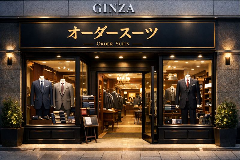 銀座のビル1階に入るオーダースーツ専門店の外観。黒を基調とした高級感のある店舗で、「オーダースーツ」と書かれた看板が掲げられ、ガラス越しにスーツが展示されている様子。