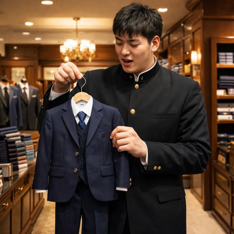 オーダースーツ店の店内で、身長189cmの高校生が、明らかに小さなスーツを手に持ち、サイズ感の違いに戸惑っている様子。