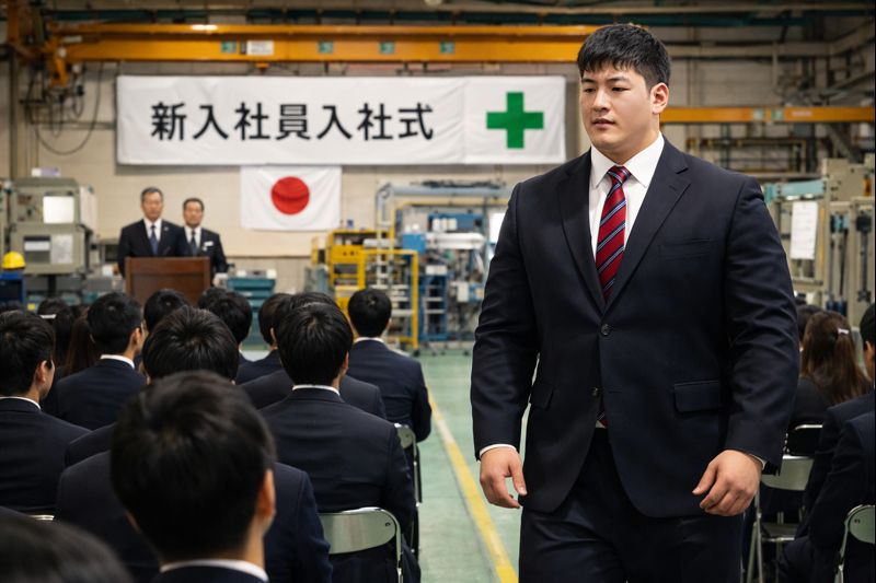 工場内で行われる入社式にスーツ姿で参加する、身長192cm・体重115kgの新入社員。競輪選手並みの太い太ももがスーツ越しにも分かり、周囲の新入社員より一回り大きな体格が際立っている様子。