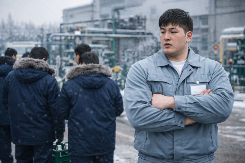 冬の工場敷地内で作業する中、体が大きすぎて防寒ジャンパーを着られず、薄手の作業着のまま立つ男性。周囲の作業員は全員、首元にファーの付いた紺色の防寒着を着用しており、寒さの中で一人だけ装備が違う様子が対比されている。