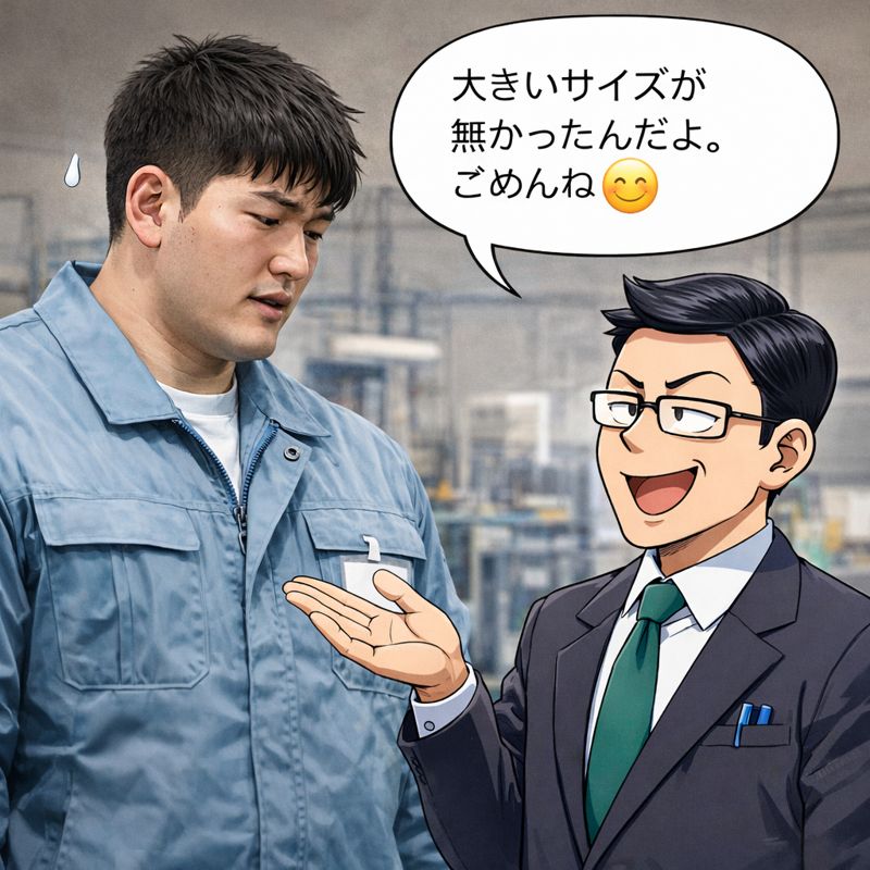 工場内で、体の大きい新入社員が現実的なタッチで描かれ、隣にはマンガ調でイヤミそうな総務課長が立っている。課長は吹き出しで「大きいサイズが無かったんだよ。ごめんね😊」と笑顔で話しかけており、リアルとマンガの対比が状況の理不尽さを際立たせている。
