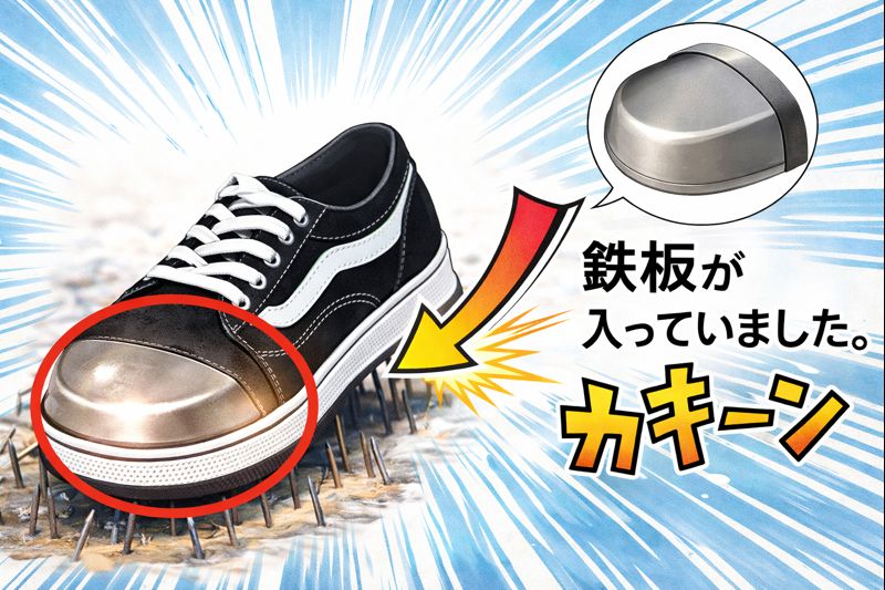 漫画風に描かれた安全靴のイラスト。つま先部分全体が赤丸で囲まれ、中に鉄板が入っていることが強調されている。釘の上に乗っても耐えられる構造が表現され、「鉄板が入っていました」という文字と効果音が添えられている。