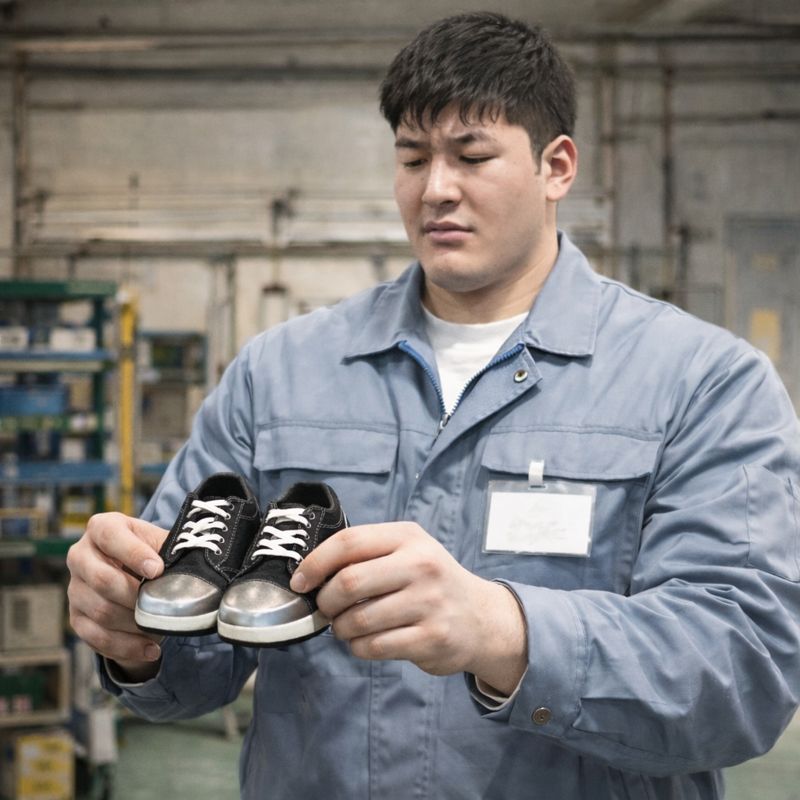 工場内で作業着姿の新入社員の男性が、自分の手よりも小さな安全靴を両手に持ち、困った表情で見つめている様子。体格とのサイズ差が強調されている。