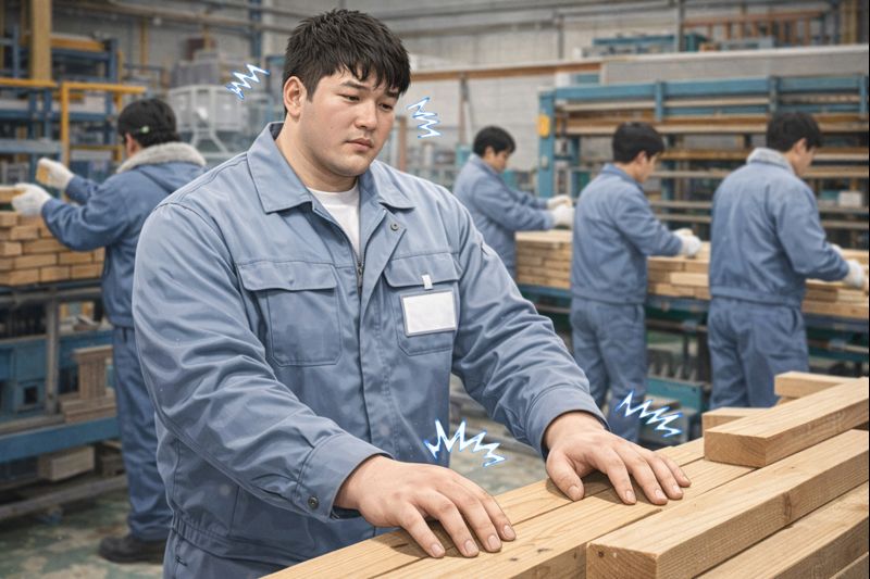 材木を加工する工場内で、体の大きい新入社員が素手のまま木材に手を置いて作業している様子。周囲の作業員は全員、白い軍手を着用して作業しており、手の装備だけが揃っていない状況が対比されている。