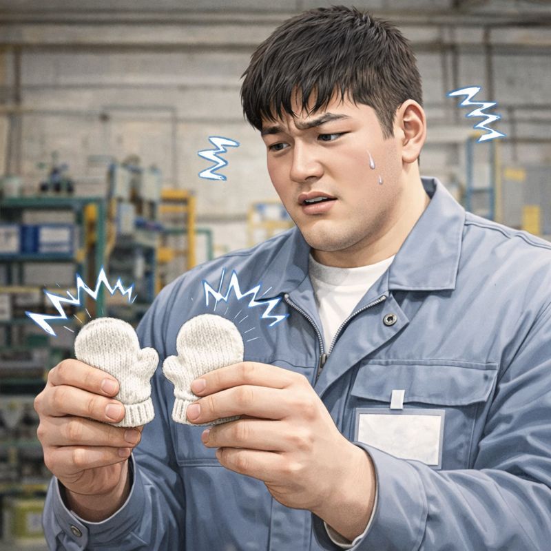 作業着姿の新入社員の男性が、明らかに小さすぎる赤ちゃん用の白い手袋を両手で持ち、自分の手と比べるように困惑した表情で見つめている様子。工場の作業現場が背景に広がっている。