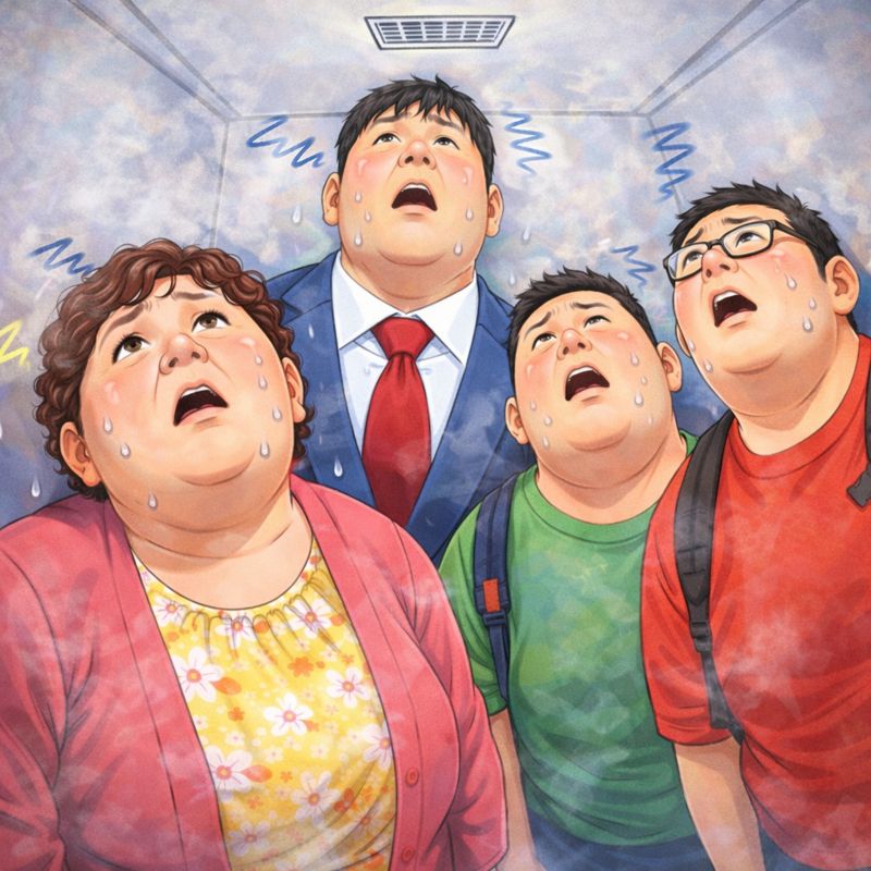 エレベーターの天井から見下ろす視点で、体の大きい4人がぎゅうぎゅうに乗り込み、全員が天井を見上げながら息苦しそうな表情をしている様子。狭い空間に熱気がこもり、汗を大量にかきながら空気の薄さを感じている様子がコミカルに描かれている。