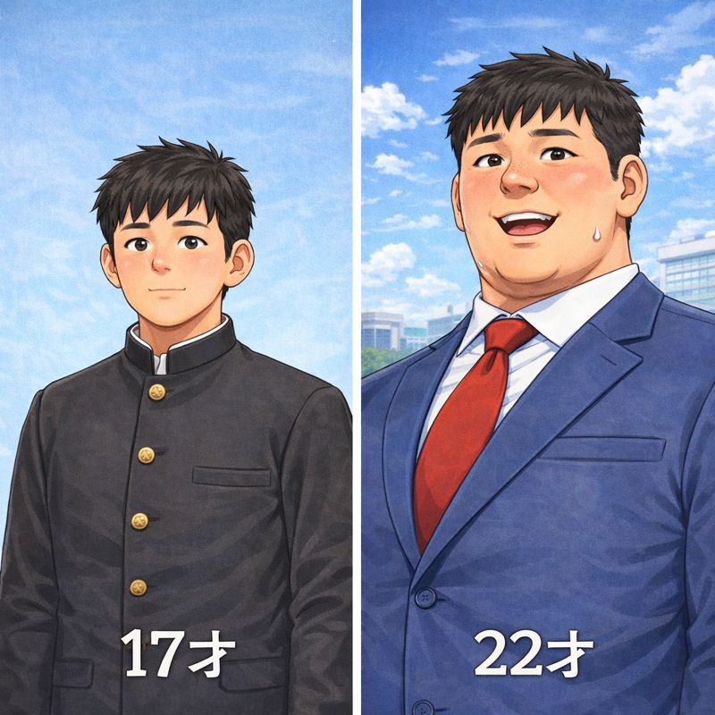 左右に並んだ2枚のイラストで、同じ男性の17才と22才の姿を比較している。左は学生服姿でまだ幼さの残る表情、右はスーツ姿で身長も頭の大きさもこれだけ大きくなった社会人の姿が描かれており、5年間の変化が視覚的に分かる構図になっている。