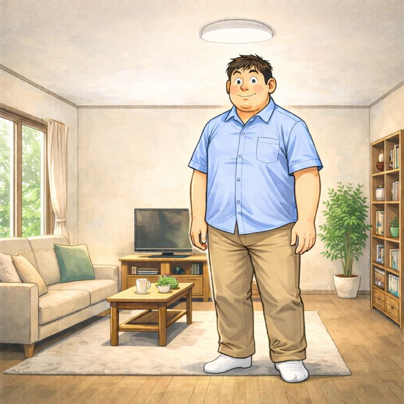 明るいリビングルームの中央に、体格の大きな男性が靴下姿で立っている様子。頭上には余裕のある天井が広がり、ソファやローテーブル、観葉植物が配置された落ち着いた空間で、圧迫感を感じさせない住まいの雰囲気が描かれている。