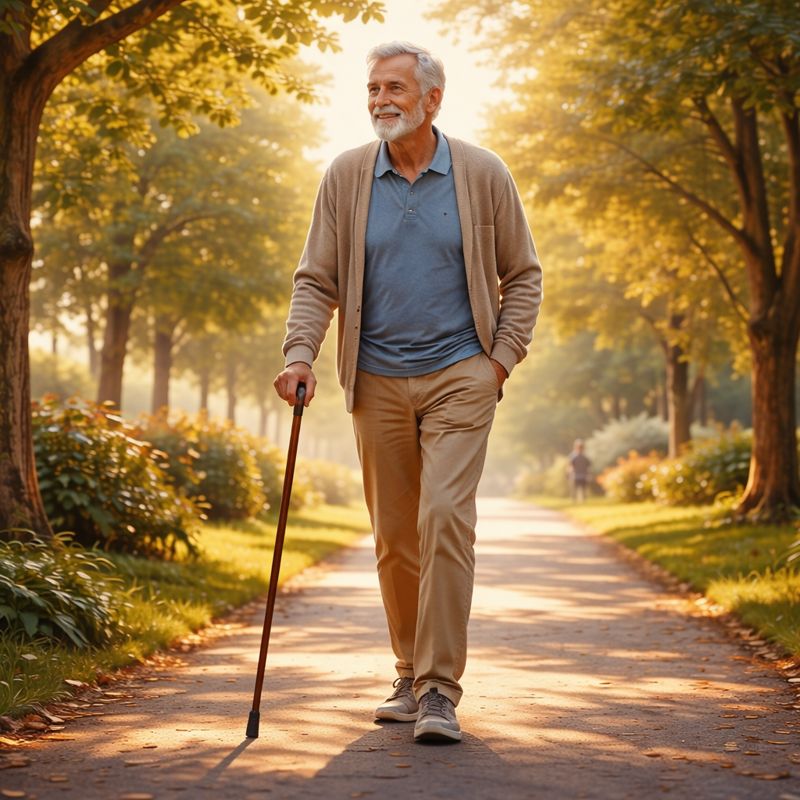 「身長192cmの男性が80歳になり、木々に囲まれた公園の小道を杖を使いながらゆっくりと歩いている様子。長い手足と大きな体はそのままに、穏やかな表情で人生を味わうように前を見つめ、これからは無理をせず自分の歩幅で生きていこうとしている姿が描かれている。」