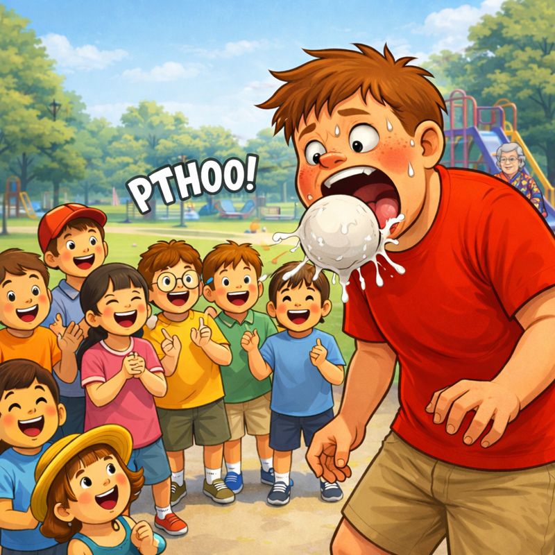 「公園で、小学六年生の体の大きなガキ大将が、口いっぱいに詰め込んだ風船ガムを必死の表情で吐き出している様子。冷汗をかきながら白く大きなガムの塊を吐き出し、周囲では友達10人が笑いながら見守っている。背景の公園の片隅には、気づかれないようにお茶を飲むオババが静かに座っている。」