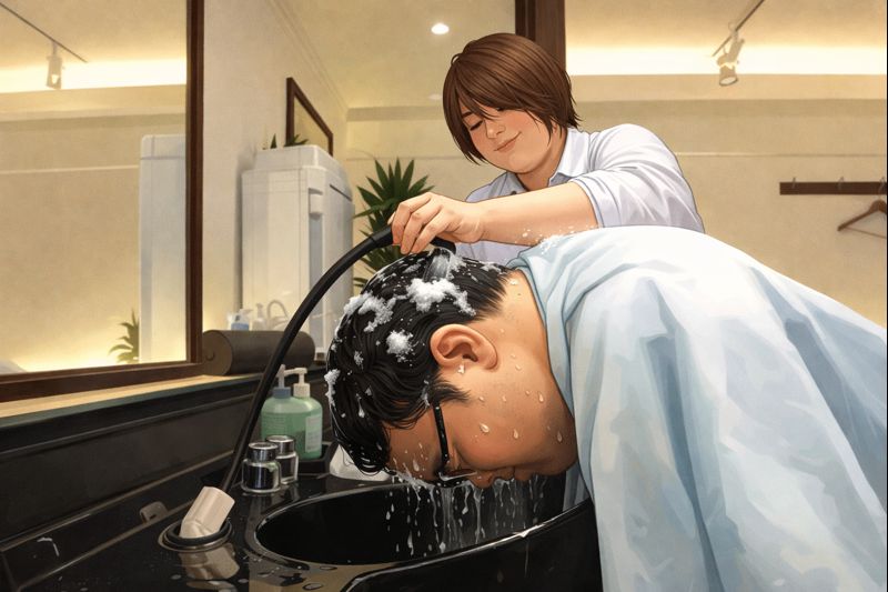 「床屋で、頭囲62cmの頭が大きい男性が前かがみになり、黒いシャンプー台で頭を洗ってもらっている様子。美容師がシャワーヘッドで泡立った髪を丁寧に流しており、ケープをかけた男性の大きな頭がシャンプー台いっぱいに収まっている。」