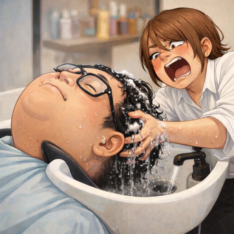 「美容室で、頭が大きい男性が後ろに倒れる椅子に座り、シャンプー台で頭を洗ってもらっている様子。泡立った髪を洗う美容師は、両手で頭を支えながら汗をかき、必死な表情を浮かべている。一方、男性は目を閉じて静かに身を任せている。」