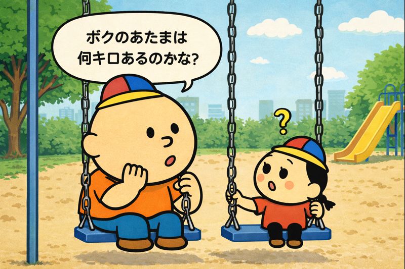 「公園のブランコに並んで座るデカたま様と小顔ちゃんのイラスト。大きな頭のデカたま様が、手を頬に当てながら『僕のあたまは何キロあるのかな？』と話しかけ、小顔ちゃんは驚いた表情で首をかしげている。背景には砂地の公園と遊具、木々が描かれている。」