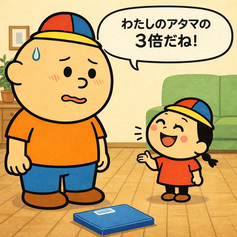 「家のリビングで、体重計が床に置かれた前に立つデカたま様と小顔ちゃんのイラスト。デカたま様は自分の大きな頭に困惑した表情を浮かべ、額に冷汗を流している。一方、小顔ちゃんは笑顔で手を振りながら『わたしのアタマの3倍だね』と無邪気に話しかけている。」