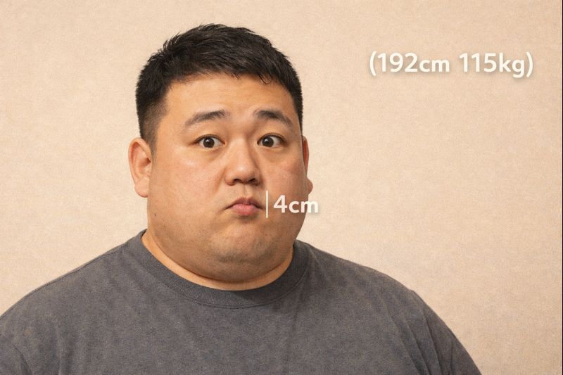「身長192cm、体重115kgの体格が大きい男性のイラスト。頭は非常に大きく、頭囲62cmある一方で、口の横幅は平均よりかなり小さく約4cmのおちょぼ口として描かれている。全体の体格と口のサイズの大きなギャップが強調されている。」
