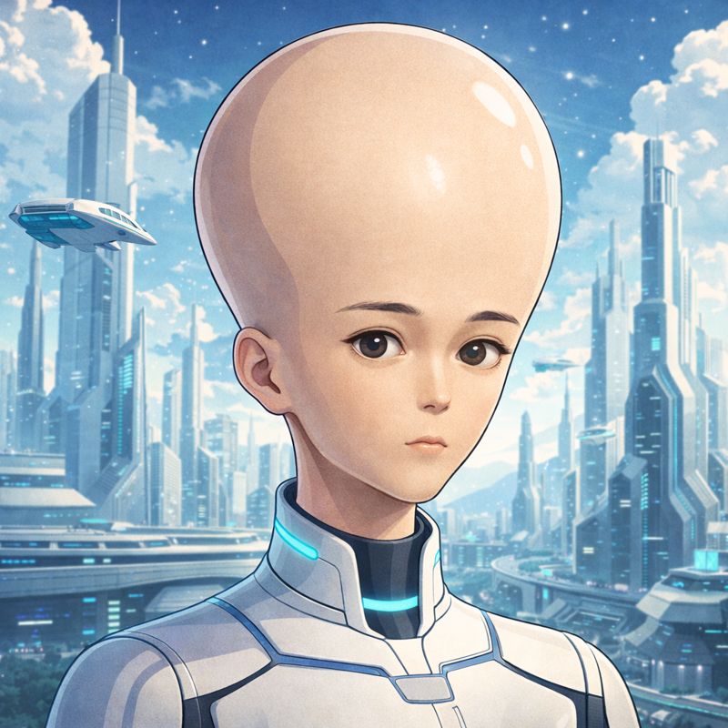 「今から200年後の近未来を背景にした未来人のイラスト。脳が発達し頭蓋骨が大きくなったため、頭が非常に大きい一方で、硬い食べ物を食べなくなった影響で顎は細く、口は小さく描かれている。背景には高層ビルや空を飛ぶ乗り物が並ぶ未来都市が広がっている。」