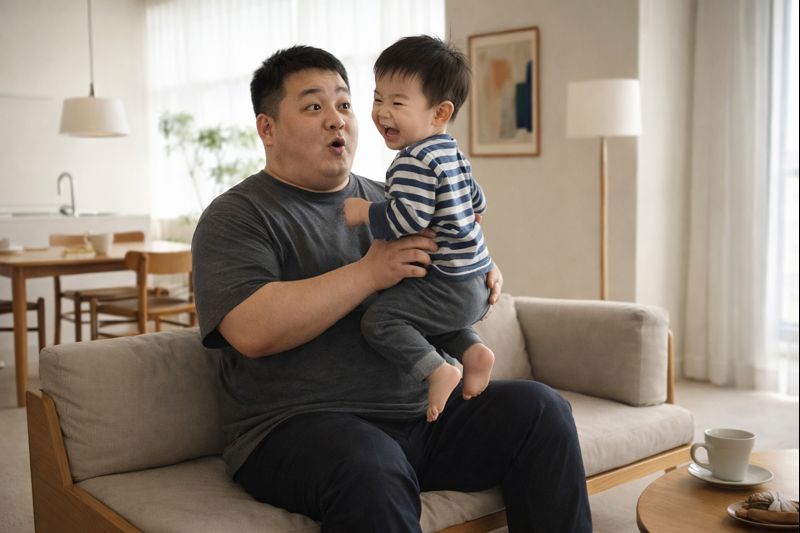 「アパートのリビングで、ロータイプのソファに身長192cm・体重115kgの父親が座り、その膝の上で体重15kgの2才の息子が笑いながら飛び跳ねている様子。室内はシンプルな家具でまとめられ、家族の日常の一コマが描かれている。」