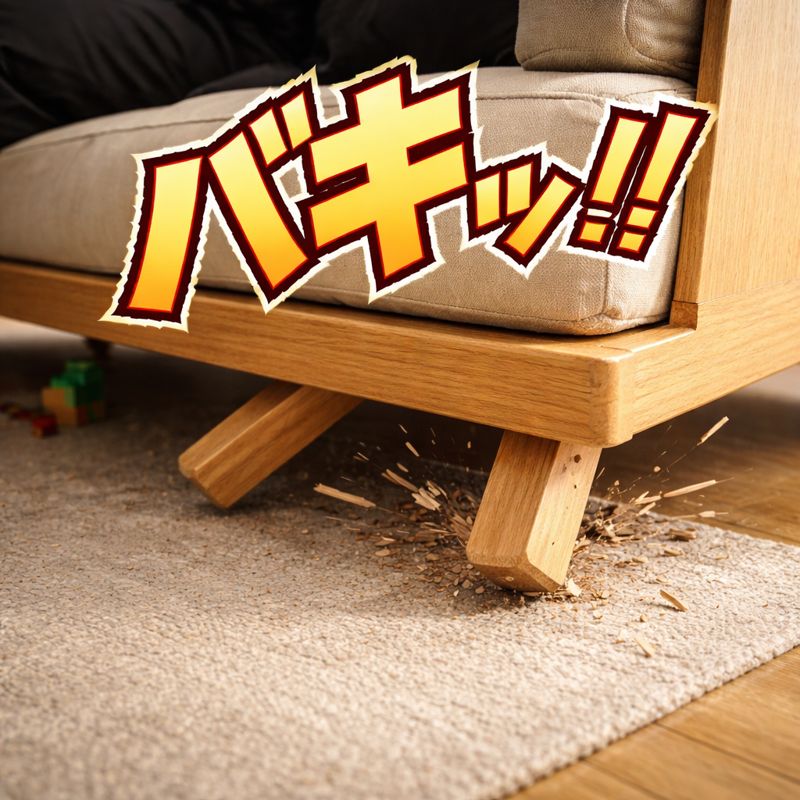 「ロータイプのソファの前足2本が折れた瞬間を捉えたアップのイラスト。木製の脚が根元から割れ、木くずが床に散らばっている。座面は前に傾き、破損の衝撃を表すようにソファの下には破片が飛び散っている。」
