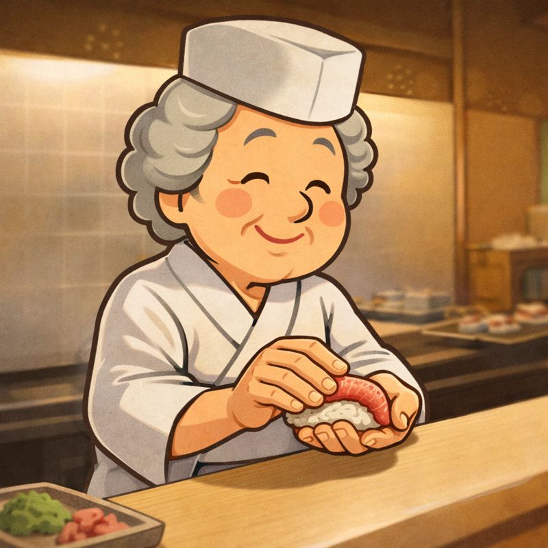 優しい表情の年配の女性寿司職人が、白い作務衣と帽子を身に着け、寿司カウンターの中で丁寧に握り寿司を作っているイラスト。温かみのある店内で、長年の経験を感じさせる落ち着いた手つきが描かれている。