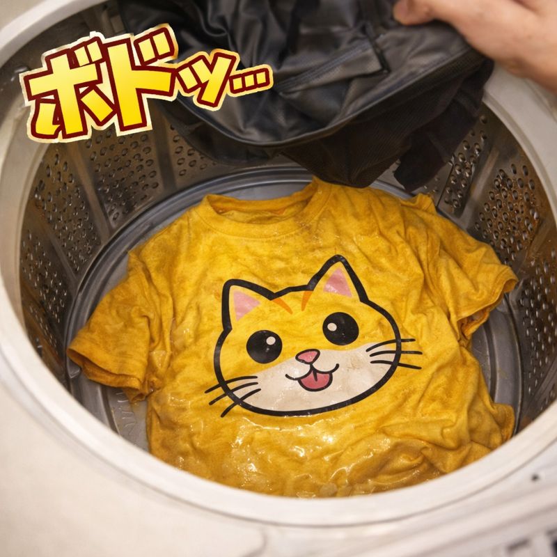 「縦型洗濯機の中を上から見たイラスト。スカッシュ後のウェアを洗濯しようとバッグを逆さにした瞬認、汗を大量に吸って異様に重くなった、猫の顔が描かれた黄色いTシャツが洗濯機の底に落ちている様子が描かれている。Tシャツは水分を含んで沈み、見覚えのある存在感を放っている。」